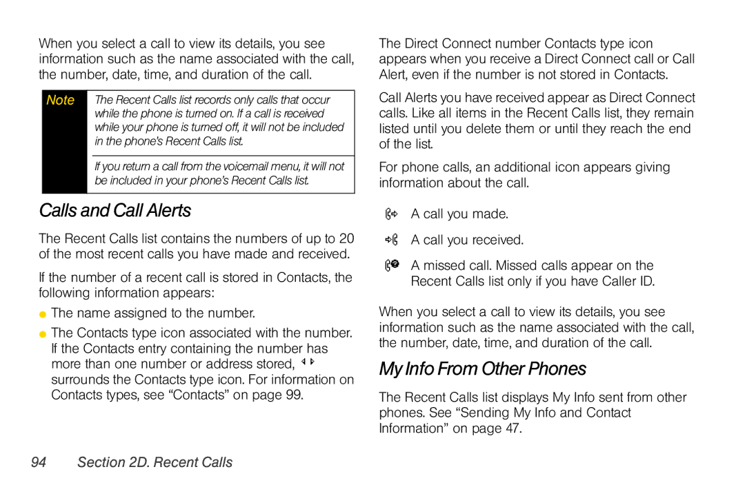 Nextel comm i365 manual Calls and Call Alerts, My Info From Other Phones, Phone’s Recent Calls list 