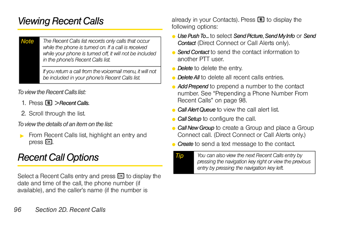 Nextel comm i365 manual Viewing Recent Calls, Recent Call Options, To view the Recent Calls list 