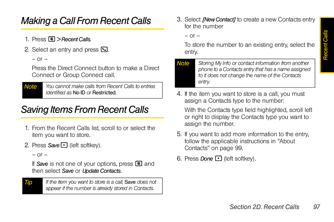 Nextel comm i365 manual Making a Call From Recent Calls, Saving Items From Recent Calls, For the number, Entry 