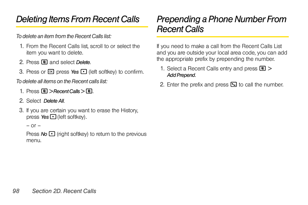 Nextel comm i365 manual Deleting Items From Recent Calls, Prepending a Phone Number From Recent Calls 