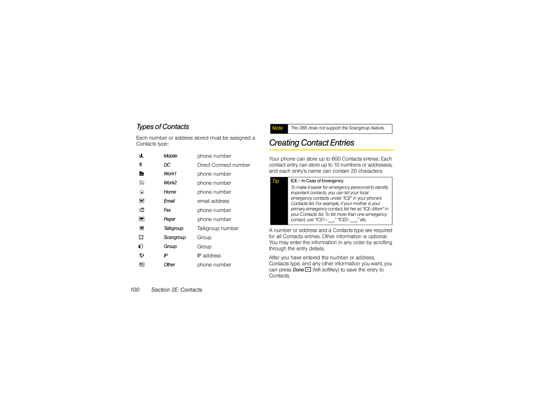 Nextel comm i365 manual Creating Contact Entries, Types of Contacts 