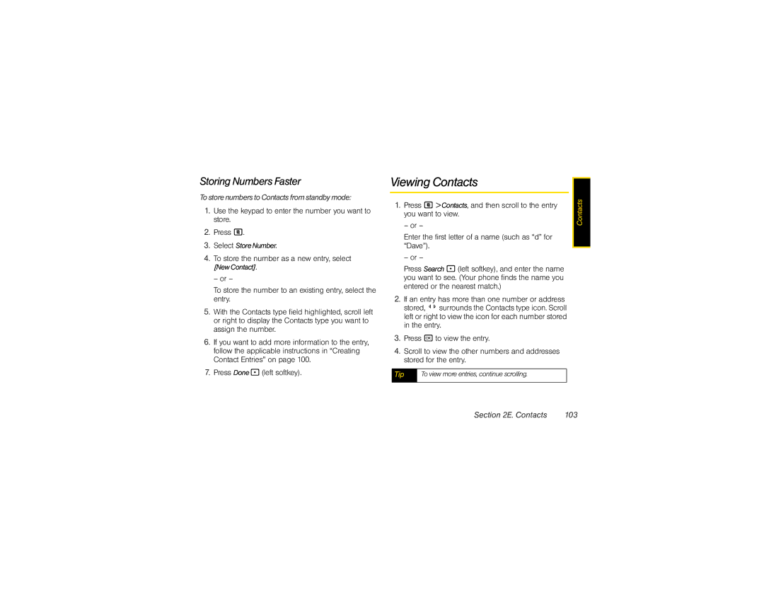 Nextel comm i365 Viewing Contacts, Storing Numbers Faster, To store numbers to Contacts from standby mode, Contacts 103 