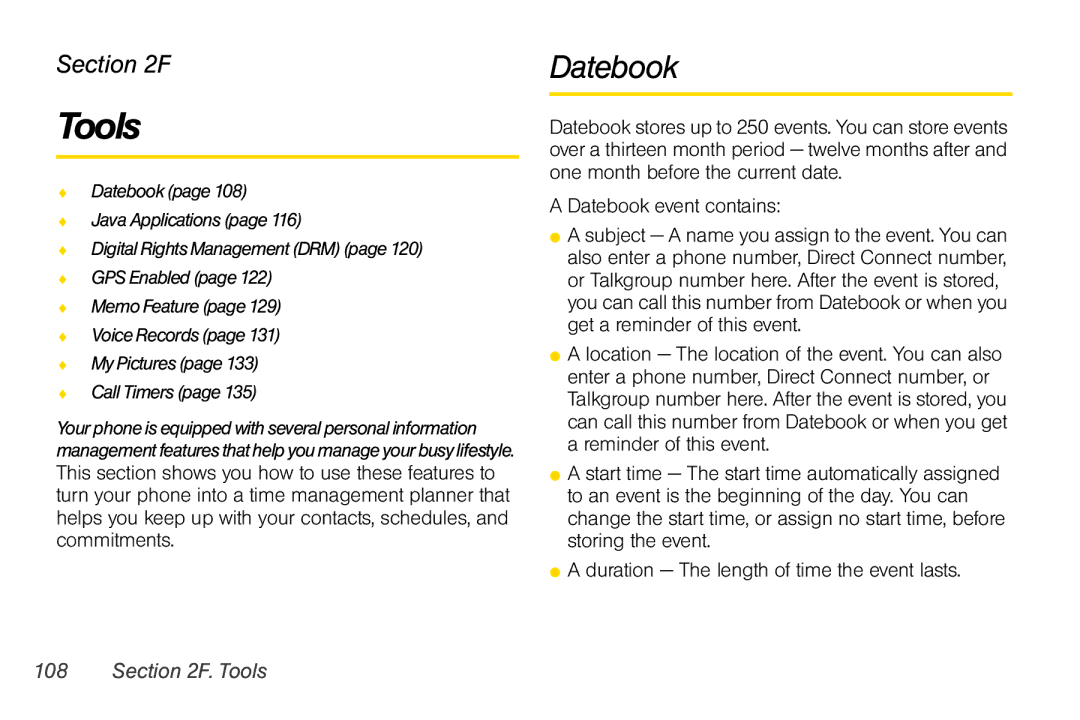 Nextel comm i365 manual Datebook event contains, Tools 