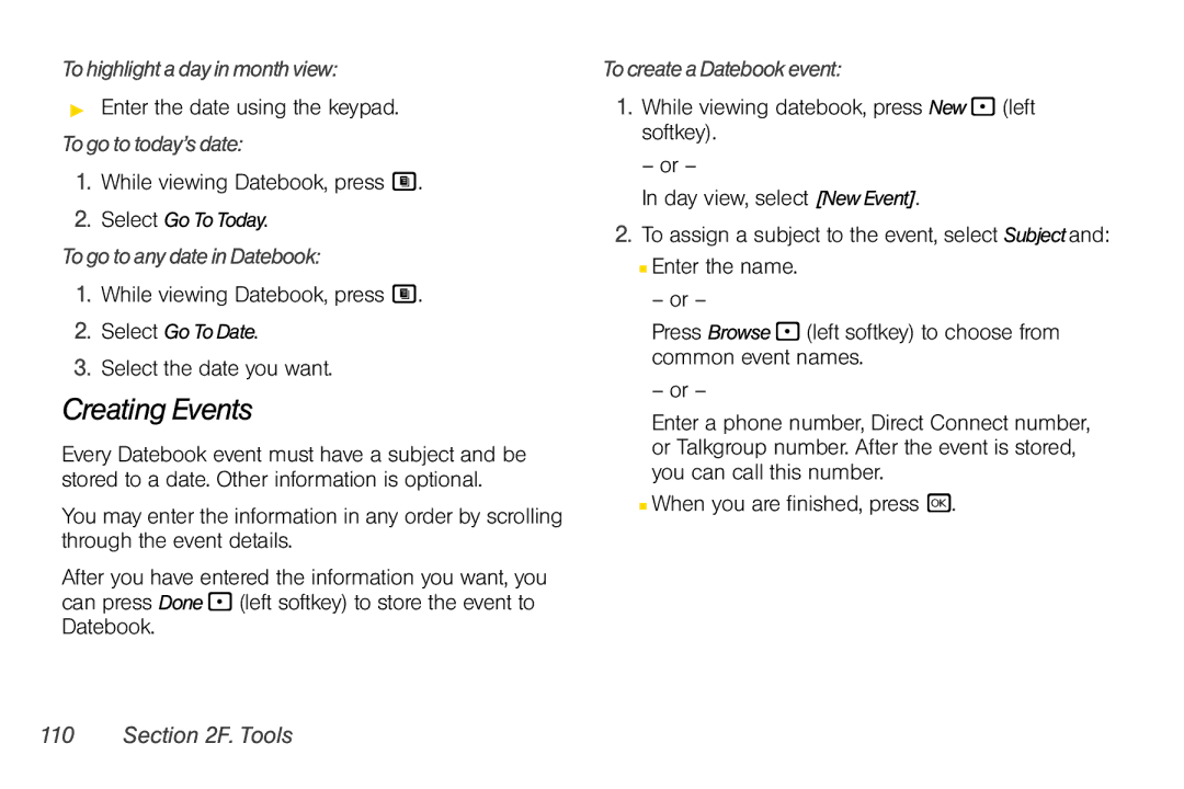 Nextel comm i365 Creating Events, To highlight a day in month view, To go to today’s date, To go to any date in Datebook 