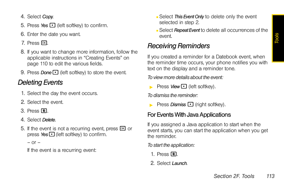 Nextel comm i365 manual Deleting Events, Receiving Reminders, For EventsWith Java Applications 