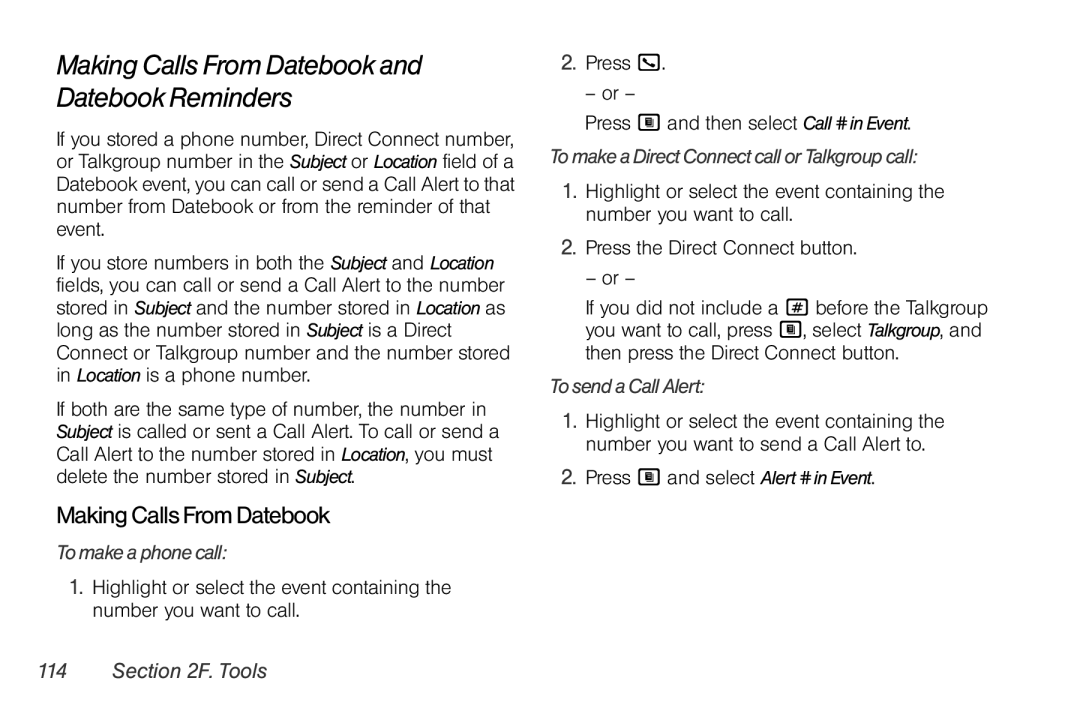 Nextel comm i365 manual Making Calls From Datebook and Datebook Reminders, Making CallsFrom Datebook, To make a phone call 