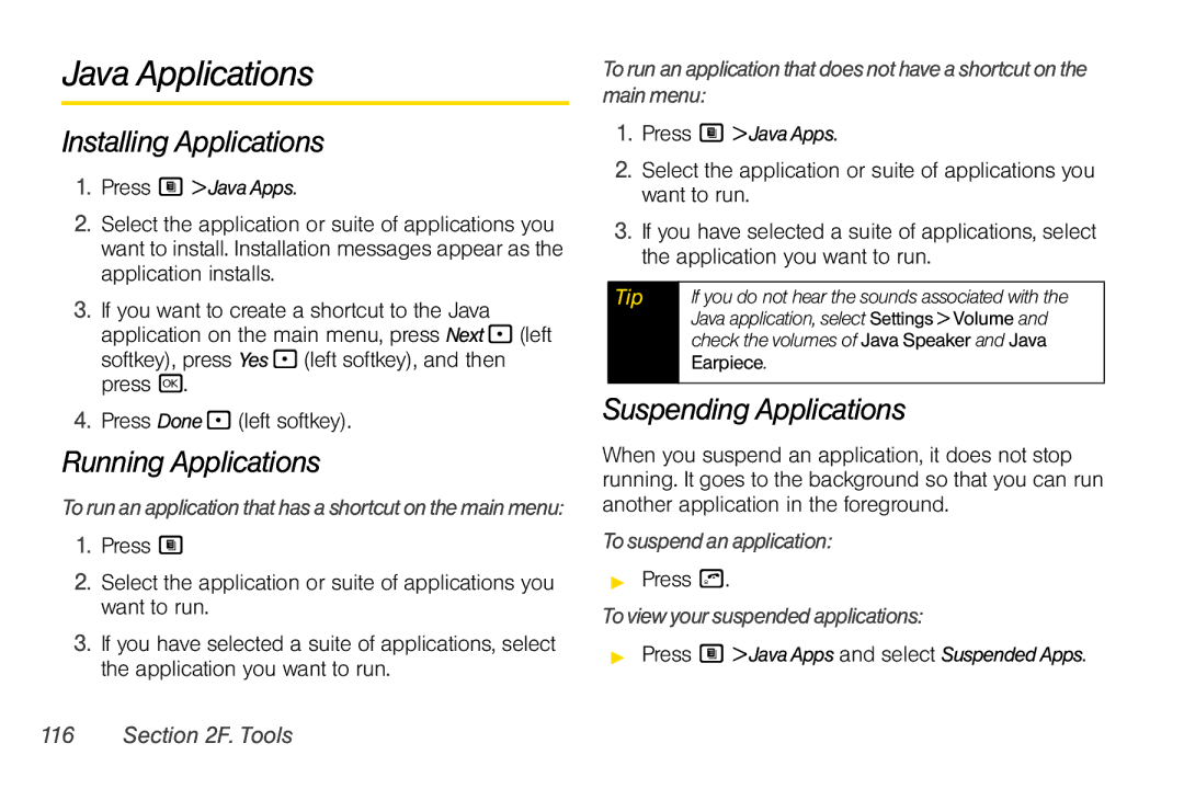 Nextel comm i365 manual Java Applications, Installing Applications, Running Applications, Suspending Applications 