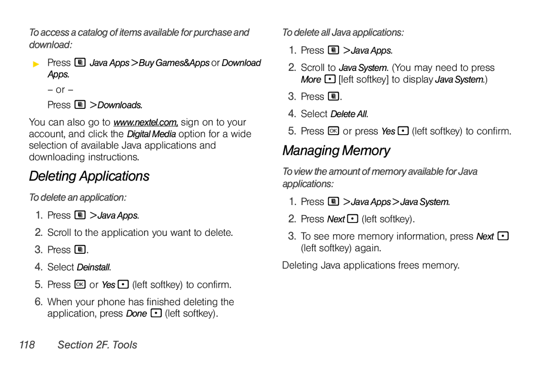 Nextel comm i365 Deleting Applications, To delete an application, Scroll to the application you want to delete Press M 