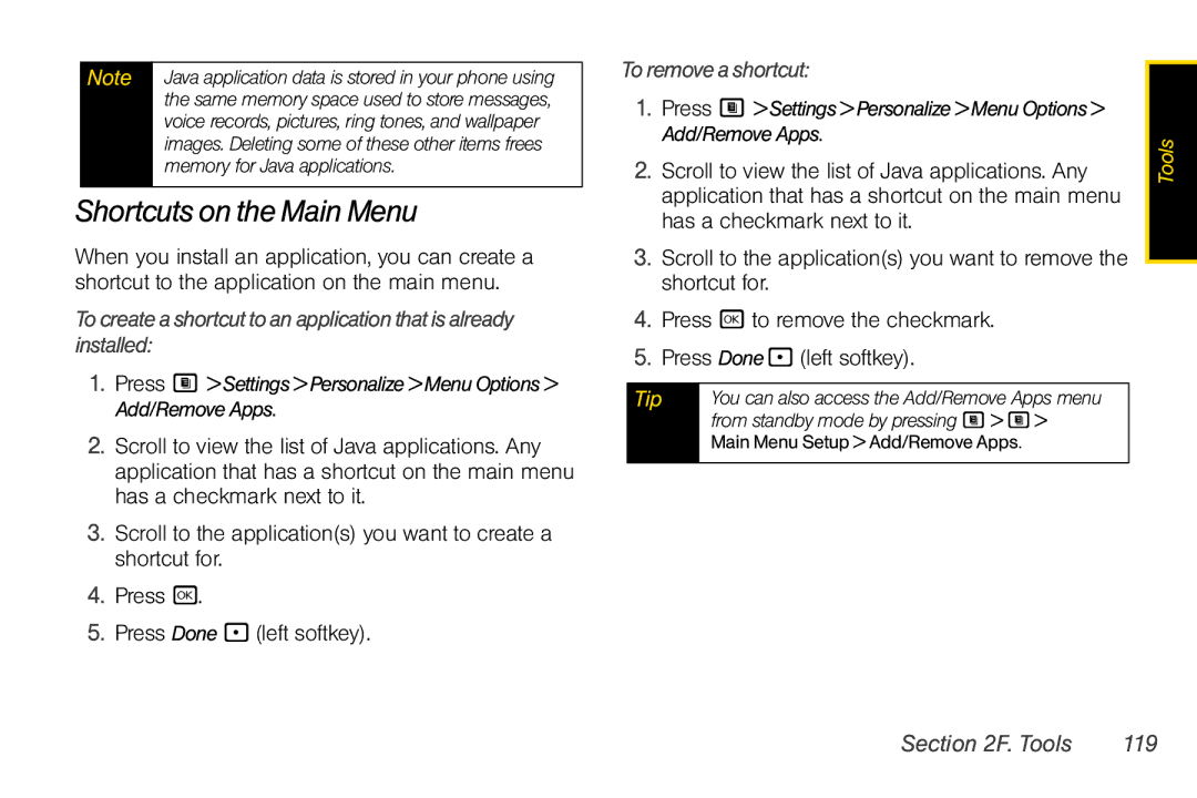 Nextel comm i365 manual Shortcuts on the Main Menu, To remove a shortcut, Tools 119 