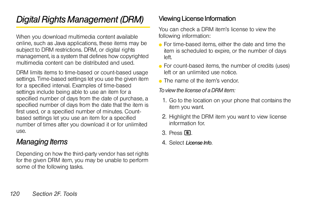 Nextel comm i365 manual Digital Rights Management DRM, Managing Items, ViewingLicenseInformation, Select License Info 