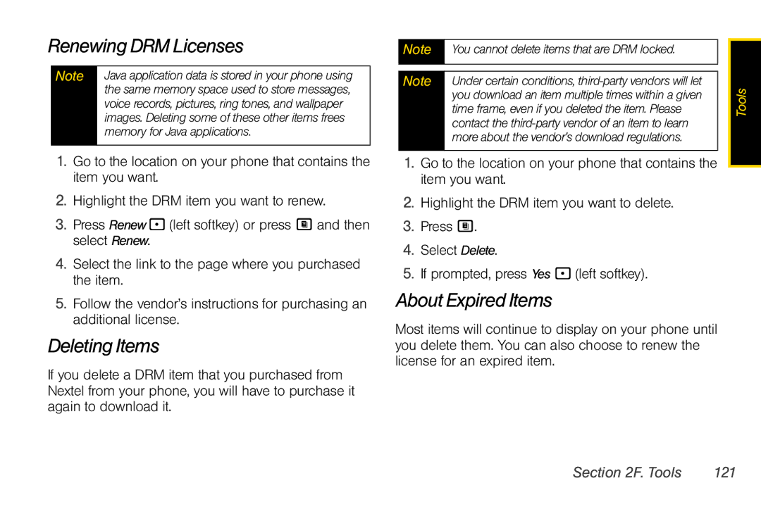 Nextel comm i365 manual Renewing DRM Licenses, Deleting Items, About Expired Items, Tools 121 