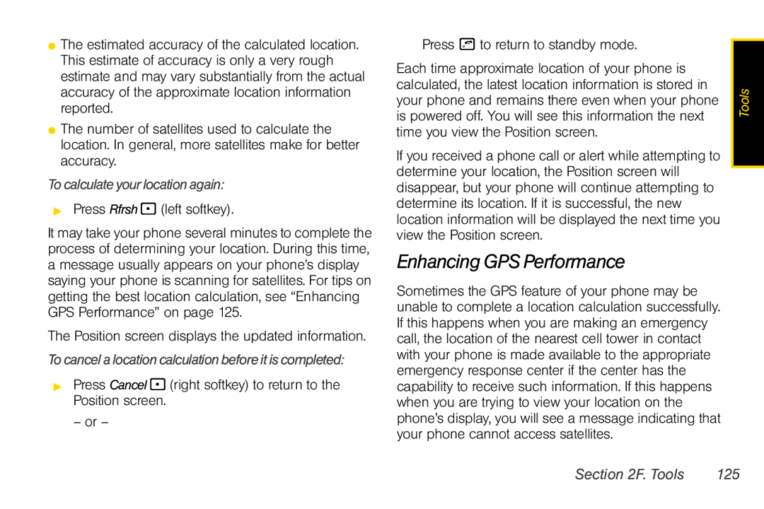 Nextel comm i365 manual Enhancing GPS Performance, To calculate your location again,  Press Rfrsh left softkey, Tools 125 