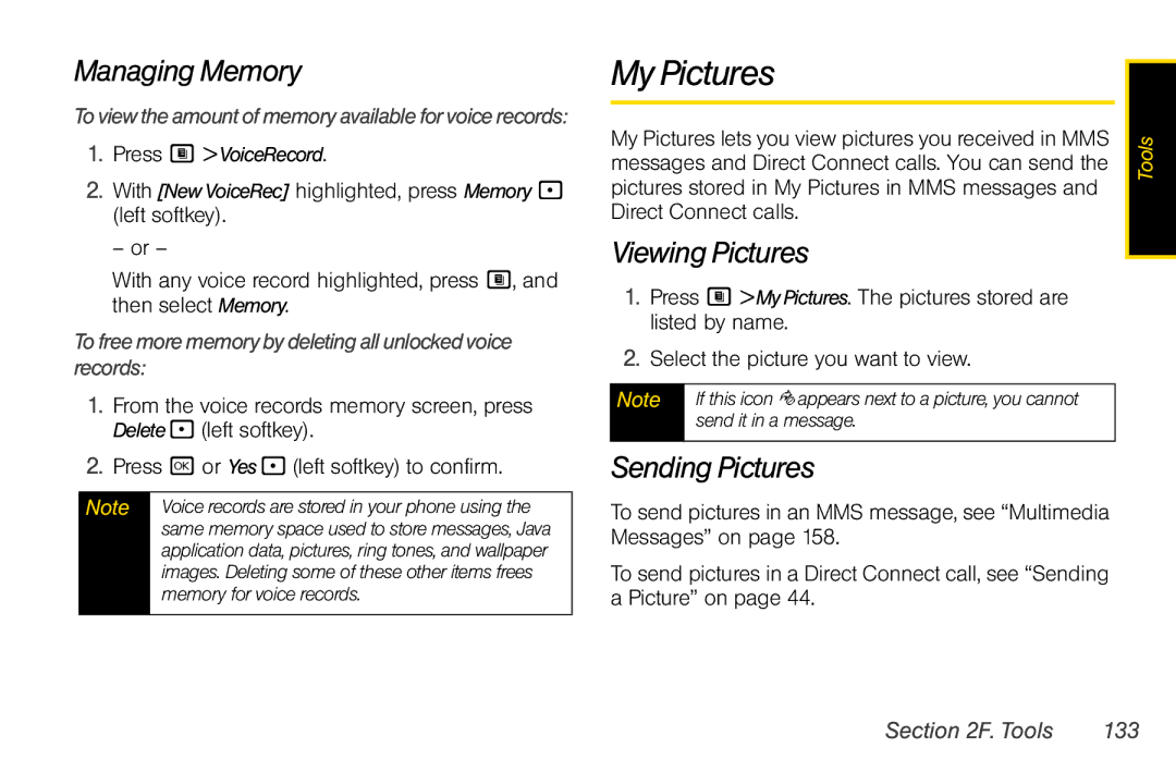 Nextel comm i365 manual My Pictures, Viewing Pictures, Sending Pictures, Tools 133 