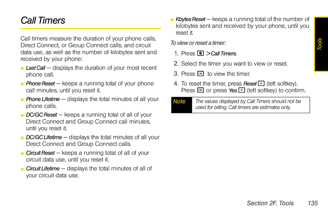 Nextel comm i365 manual To view or reset a timer, Tools 135, Press M Call Timers 