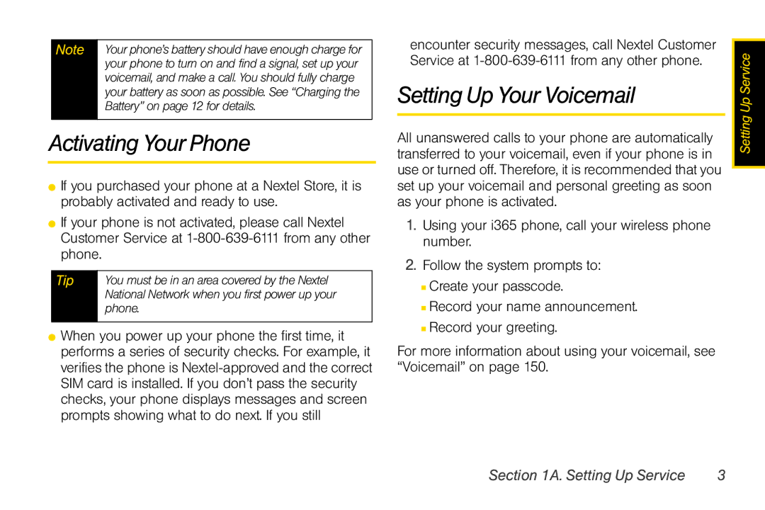 Nextel comm i365 manual Activating Your Phone, Setting Up Your Voicemail 