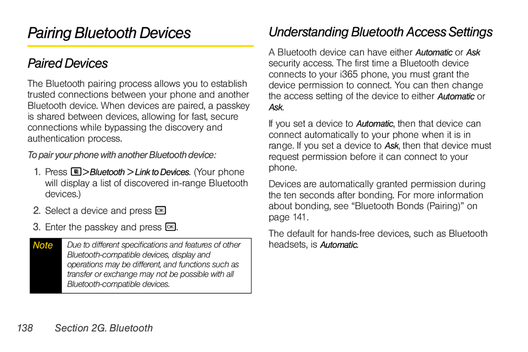 Nextel comm i365 manual Pairing Bluetooth Devices, Paired Devices, Understanding Bluetooth Access Settings 