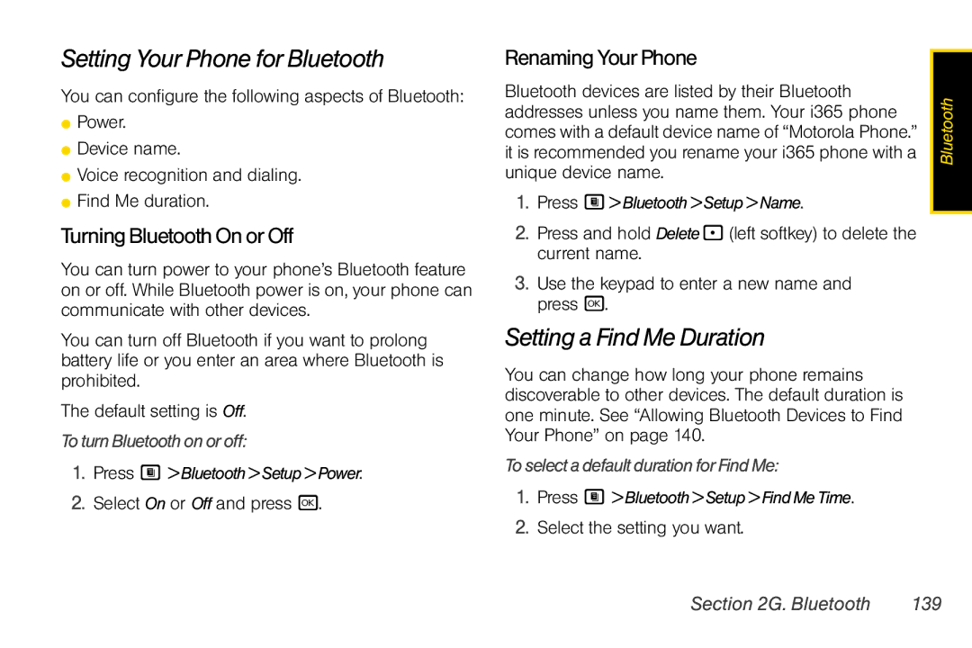 Nextel comm i365 Setting Your Phone for Bluetooth, Setting a Find Me Duration, TurningBluetoothOnorOff, RenamingYourPhone 