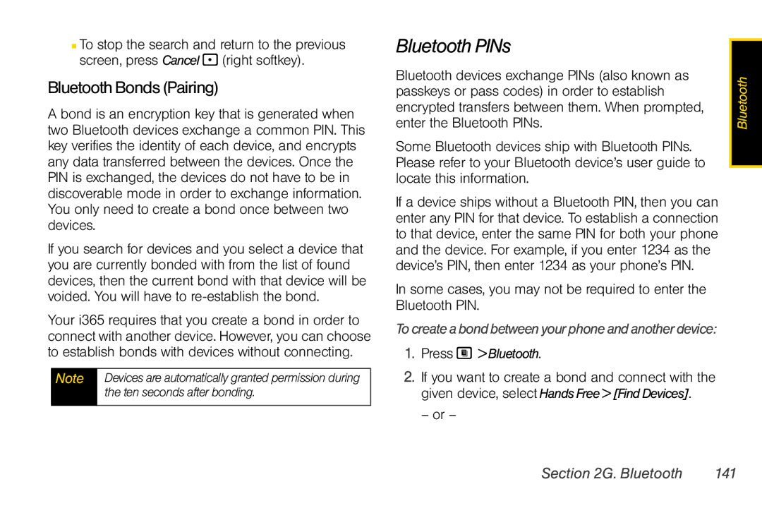 Nextel comm i365 manual Bluetooth PINs, BluetoothBondsPairing, Bluetooth 141, Ten seconds after bonding 