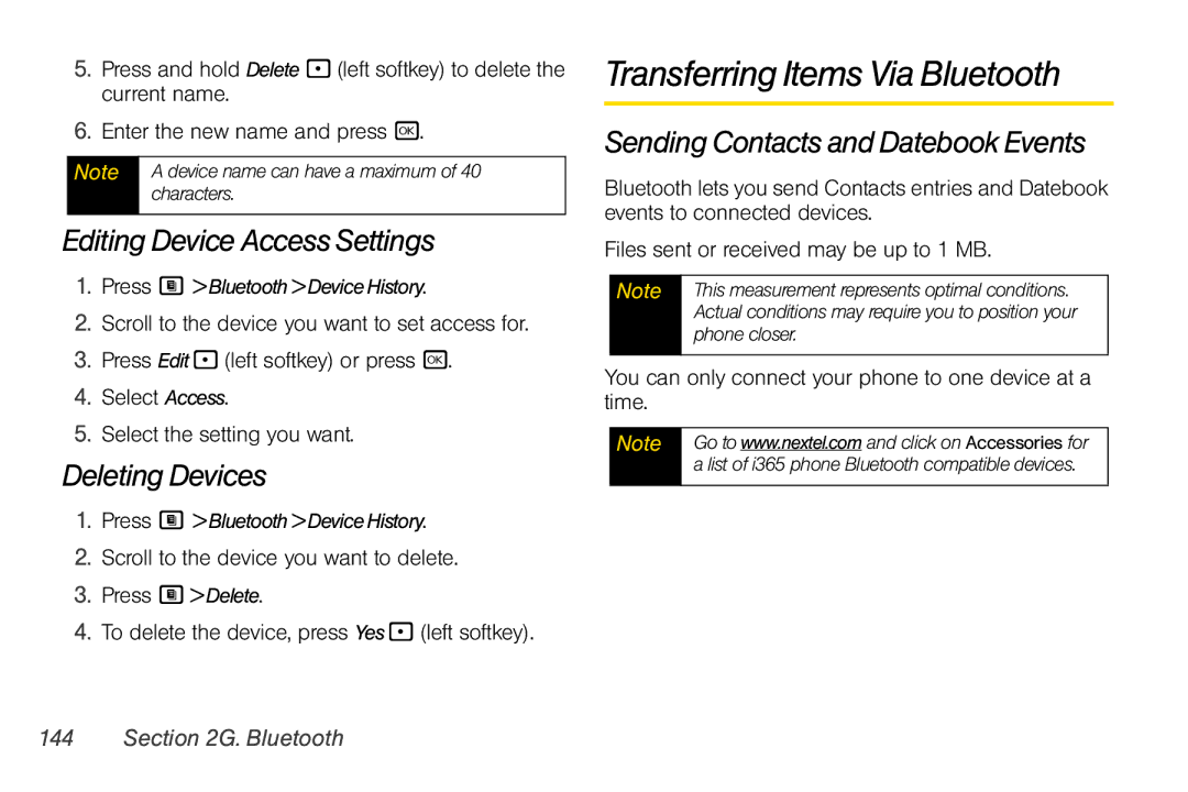 Nextel comm i365 manual Transferring Items Via Bluetooth, Editing Device Access Settings, Deleting Devices 