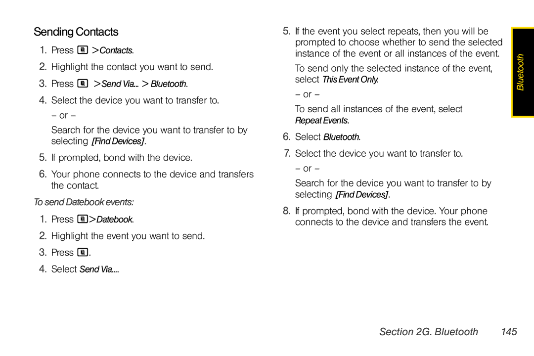 Nextel comm i365 manual SendingContacts, Highlight the contact you want to send, To send Datebook events, Bluetooth 145 