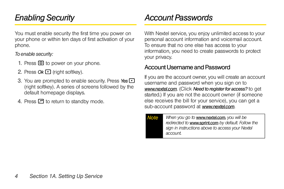 Nextel comm i365 manual Enabling Security Account Passwords, AccountUsernameandPassword, To enable security 