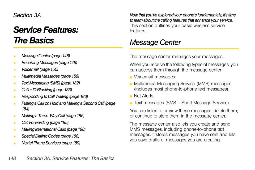 Nextel comm i365 manual Message Center, Service Features The Basics 