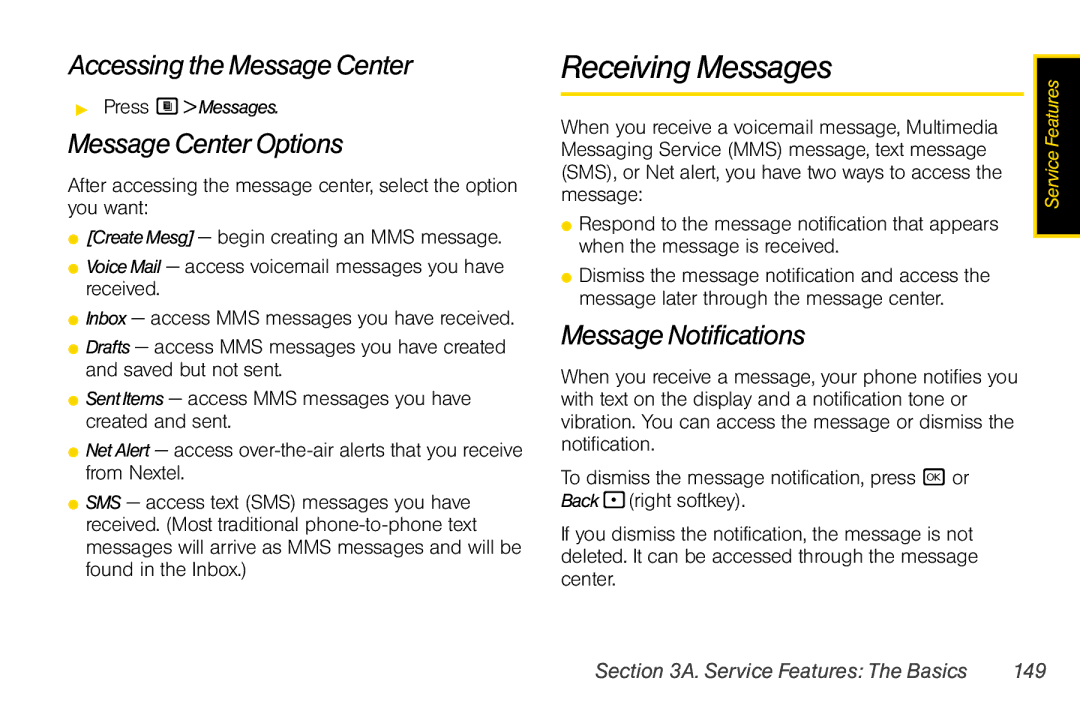 Nextel comm i365 manual Receiving Messages, Accessing the Message Center, Message Center Options, Message Notifications 