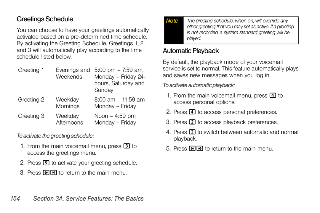 Nextel comm i365 Greetings Schedule, Automatic Playback, To activate the greeting schedule, To activate automatic playback 