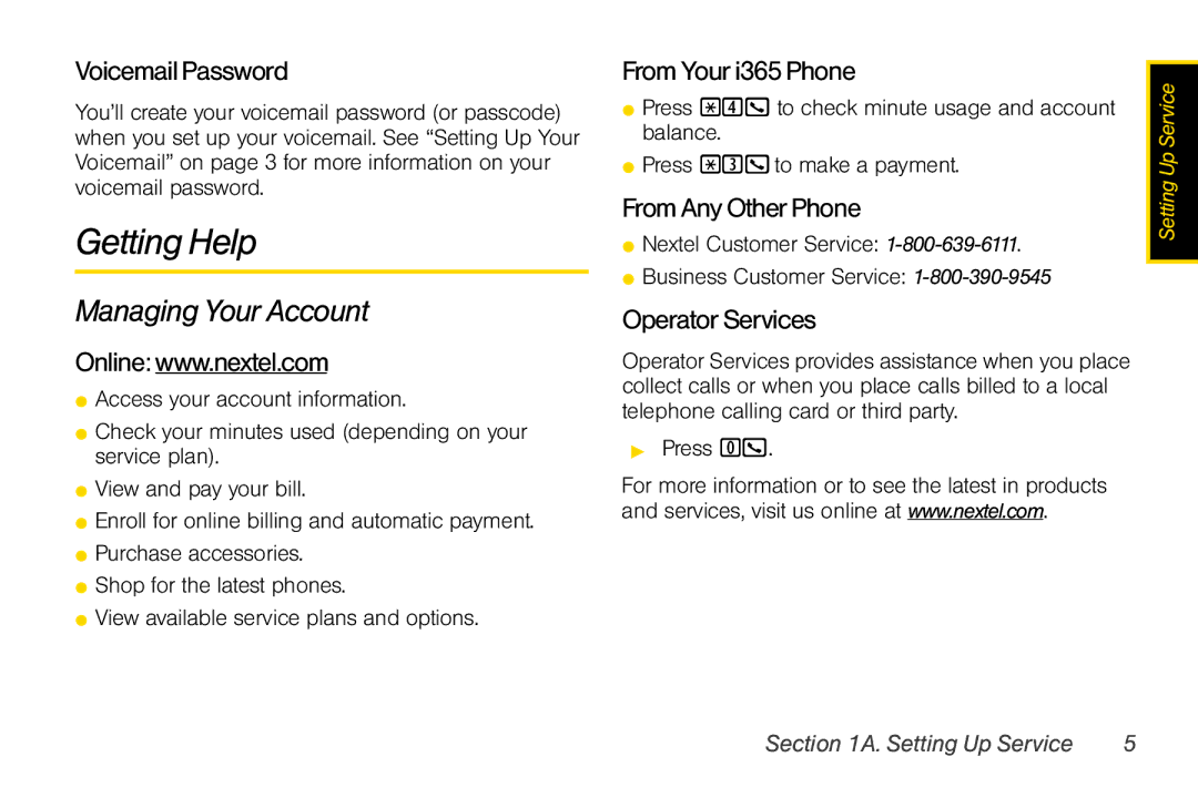 Nextel comm i365 manual Getting Help, Managing Your Account 