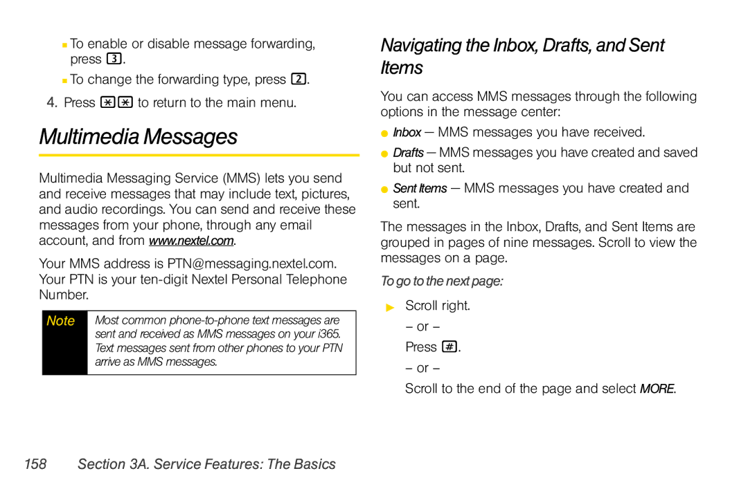 Nextel comm i365 manual Multimedia Messages, Navigating the Inbox, Drafts, and Sent Items, To go to the next 