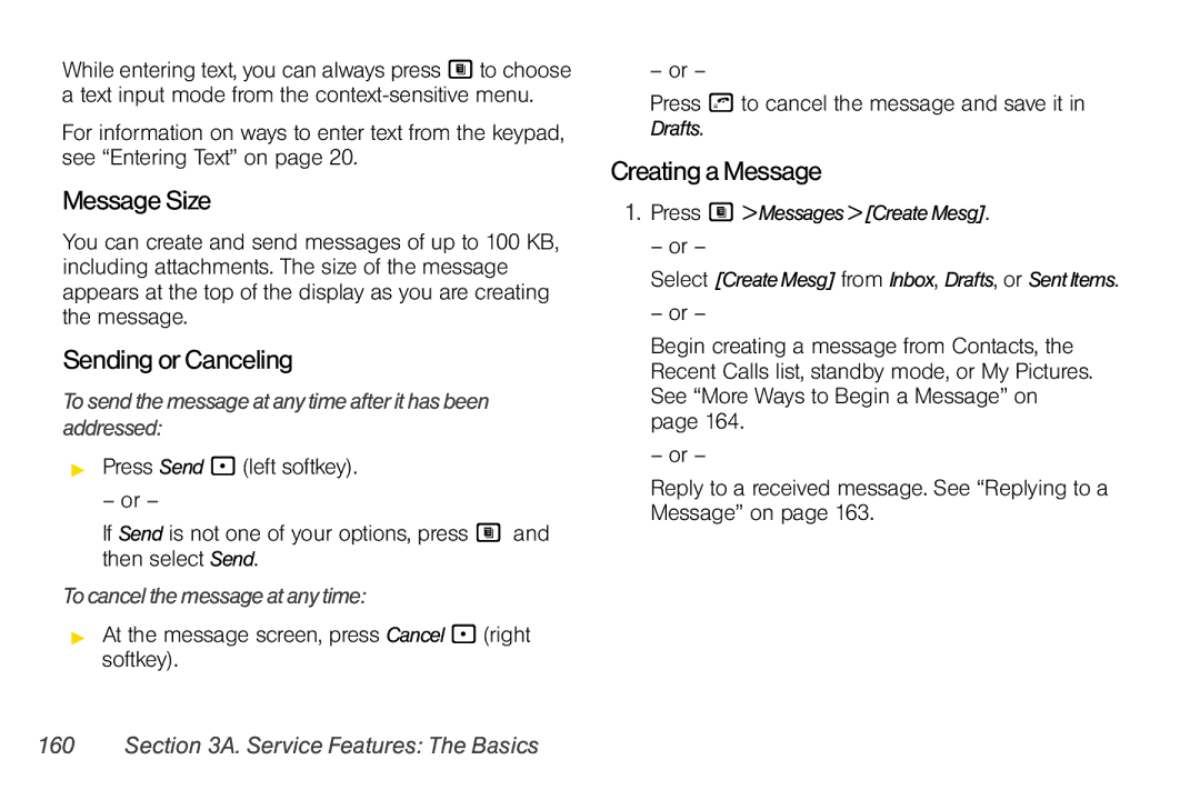 Nextel comm i365 manual Message Size, Sending or Canceling, Creating a Message, To cancel the message at any time 