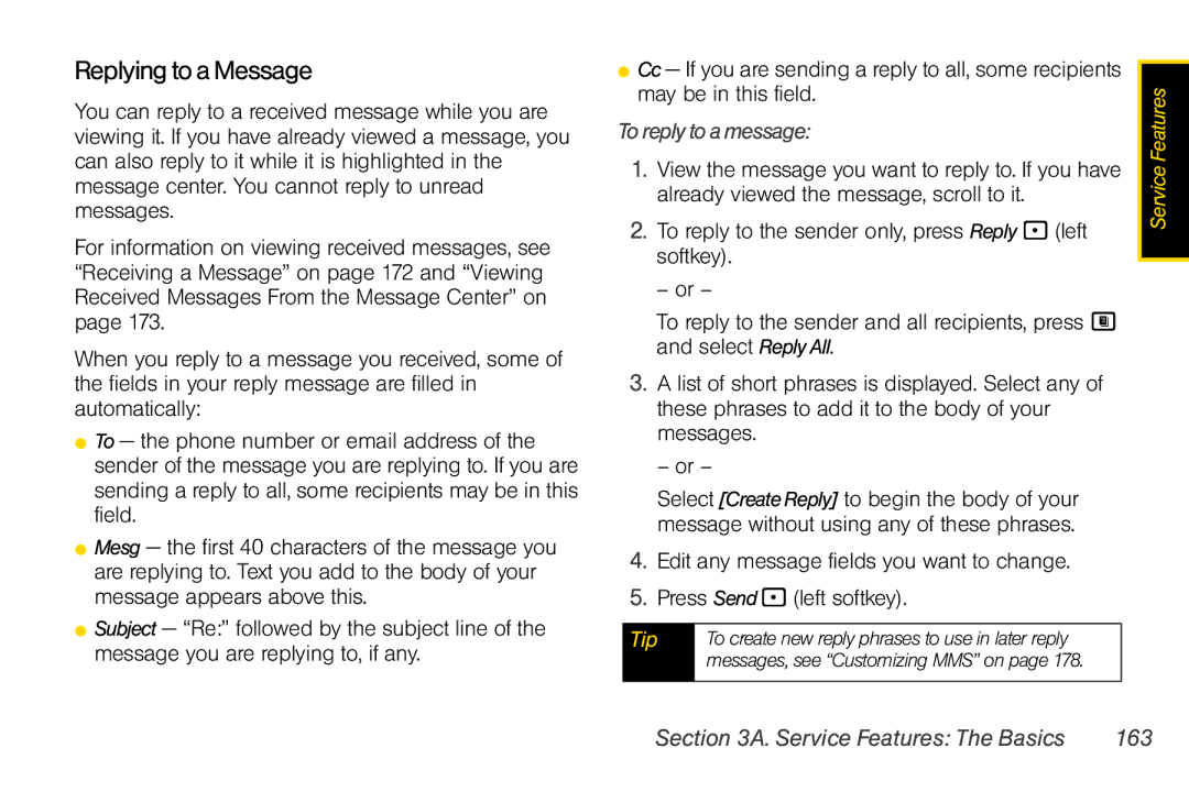 Nextel comm i365 manual Replying to a Message, To reply to a message, Service Features The Basics 163 