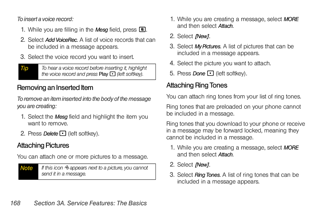 Nextel comm i365 manual Removing an Inserted Item, Attaching Pictures, Attaching Ring Tones, To insert a voice record 