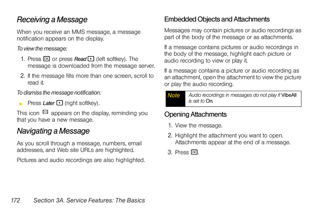 Nextel comm i365 manual Receiving a Message, Navigating a Message, Embedded Objects and Attachments, Opening Attachments 