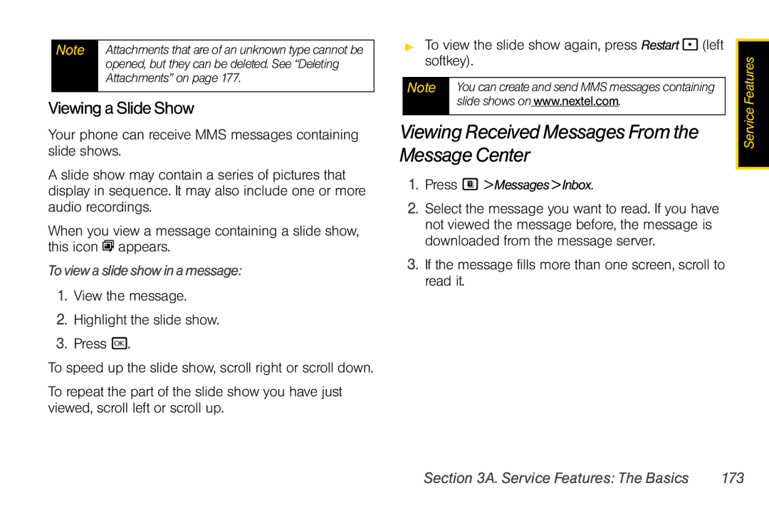 Nextel comm i365 Viewing Received Messages From the Message Center, Viewing a Slide Show, Service Features The Basics 173 