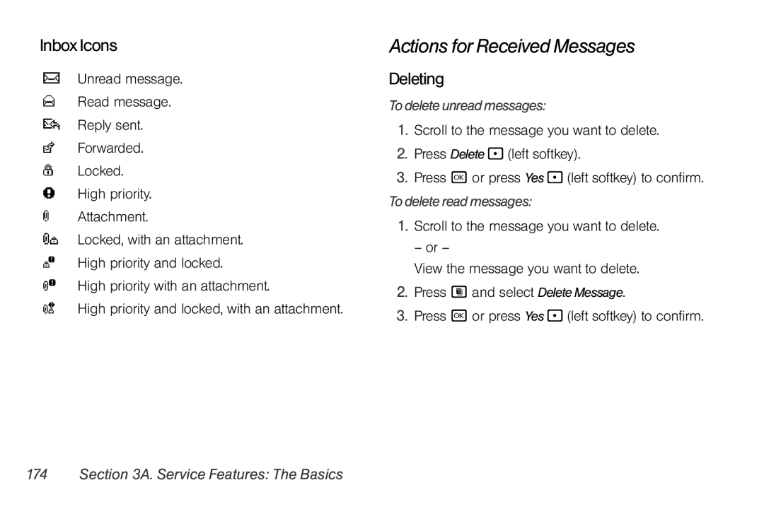 Nextel comm i365 Actions for Received Messages, Inbox Icons, Deleting, To delete unread messages, To delete read messages 