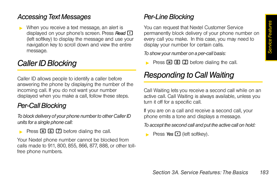 Nextel comm i365 manual Caller ID Blocking, Responding to Call Waiting, Accessing Text Messages, Per-Call Blocking 