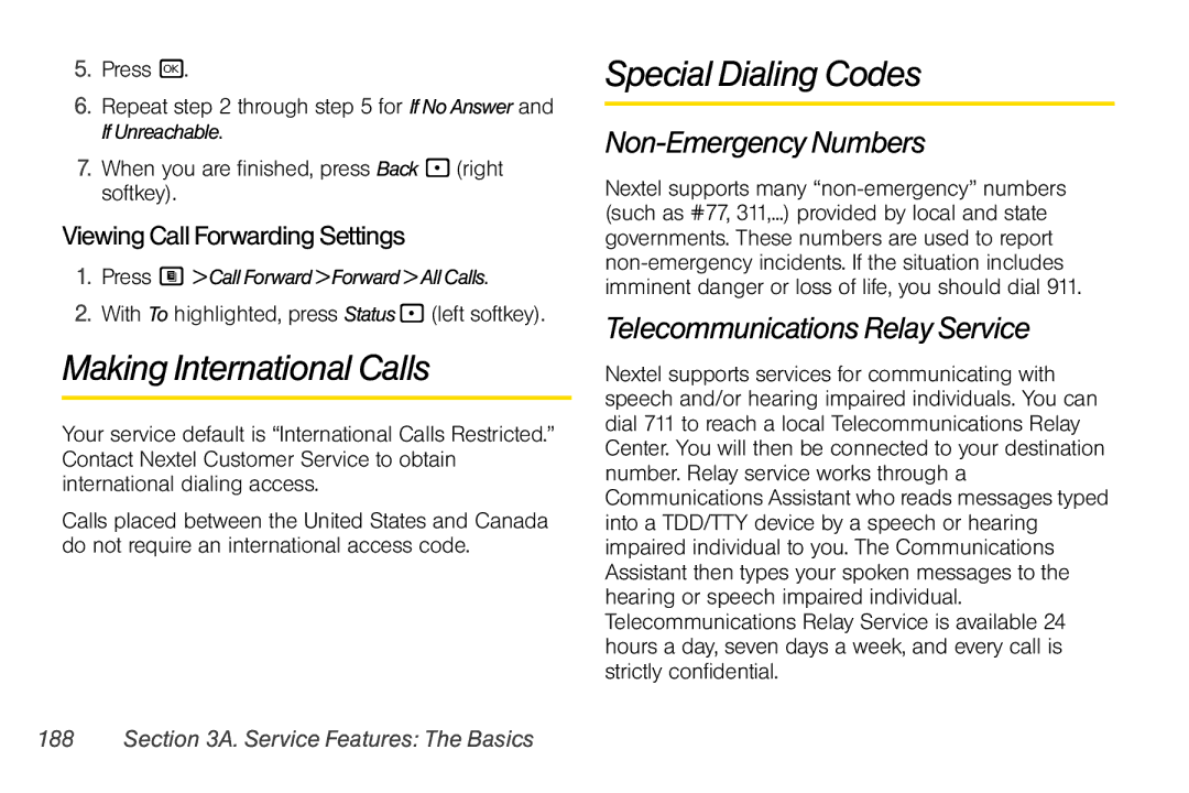 Nextel comm i365 manual Making International Calls, Special Dialing Codes, Non-Emergency Numbers 