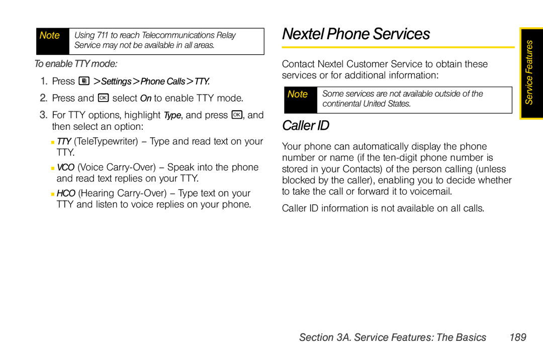 Nextel comm i365 manual Nextel Phone Services, To enable TTY mode, Caller ID information is not available on all calls 