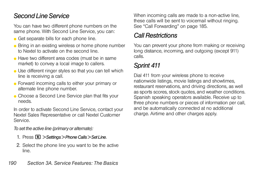 Nextel comm i365 manual Second Line Service, Call Restrictions, Sprint, To set the active line primary or alternate 