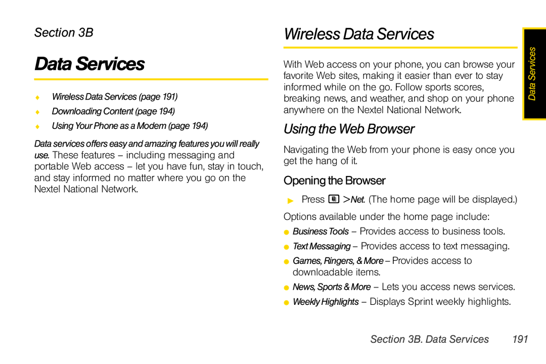 Nextel comm i365 manual Wireless Data Services, Using the Web Browser, OpeningtheBrowser, Data Services 191 