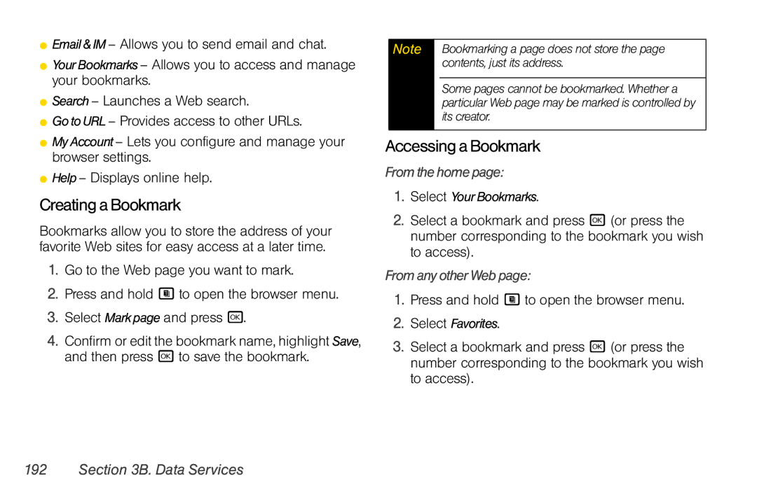 Nextel comm i365 manual CreatingaBookmark, AccessingaBookmark, From the home, From any other Web, Data Services 