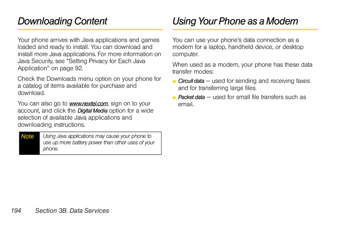 Nextel comm i365 manual Downloading Content Using Your Phone as a Modem 