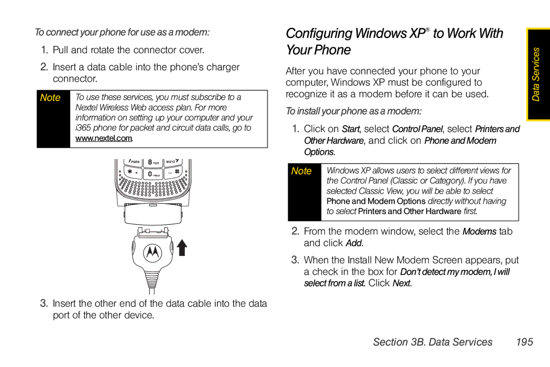 Nextel comm i365 manual Configuring Windows XP to Work With Your Phone, To connect your phone for use as a modem 