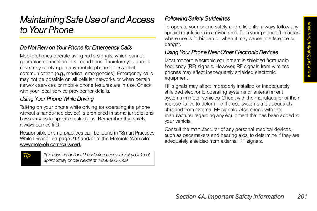 Nextel comm i365 manual MaintainingSafeUseofandAccess to Your Phone, Important Safety Information 201 