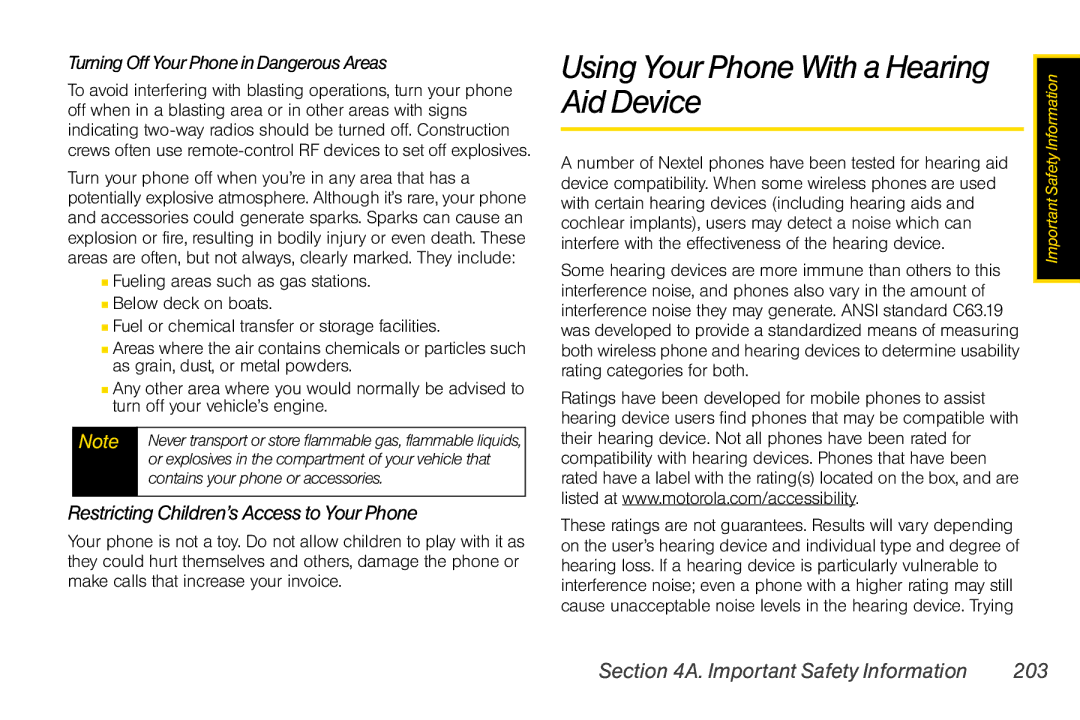 Nextel comm i365 manual Using Your Phone With a Hearing Aid Device, Restricting Children’s Access to Your Phone 