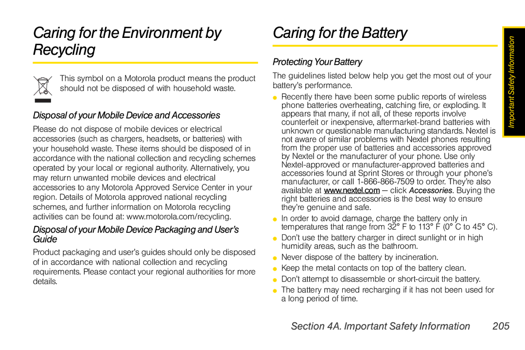 Nextel comm i365 manual Caring for the Environment by Recycling, Caring for the Battery, Protecting Your Battery 