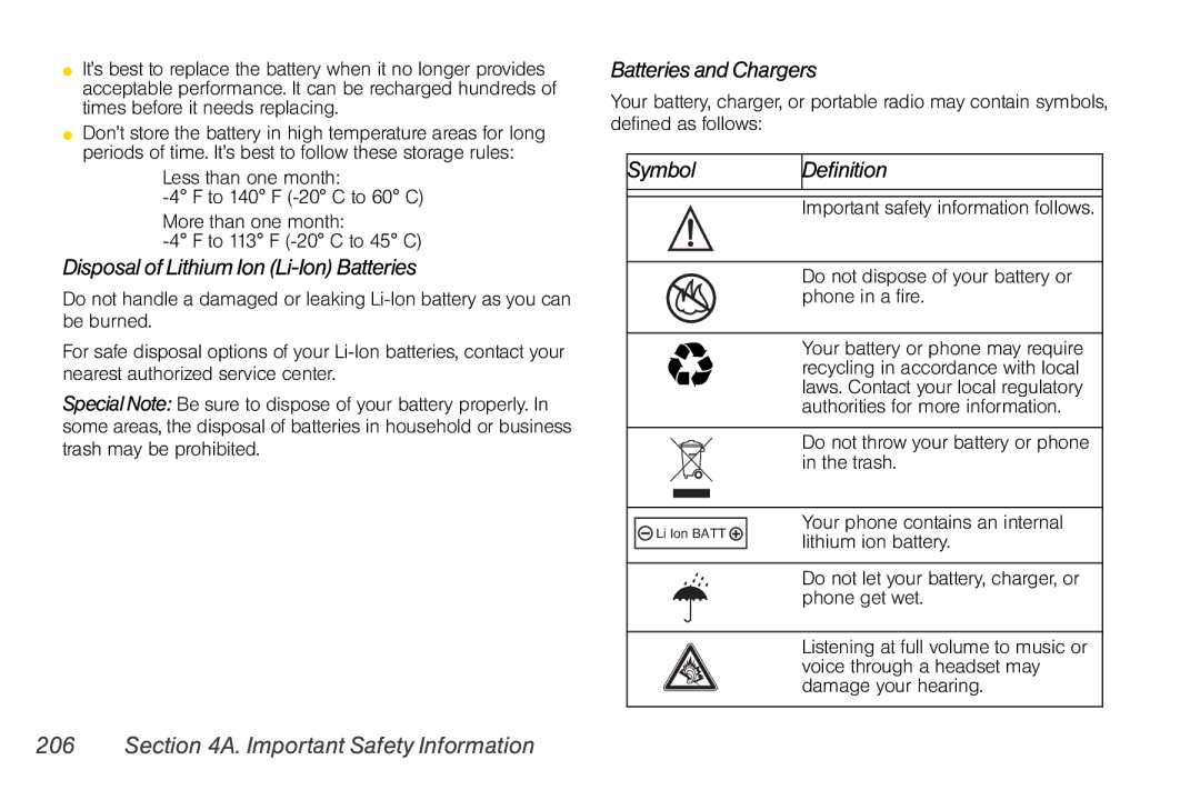 Nextel comm i365 manual Disposal of Lithium Ion Li-Ion Batteries, Batteries and Chargers, Symbol Definition 