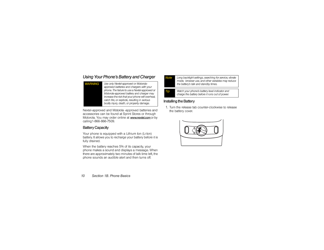 Nextel comm i365 manual Battery Capacity, Installing the Battery 