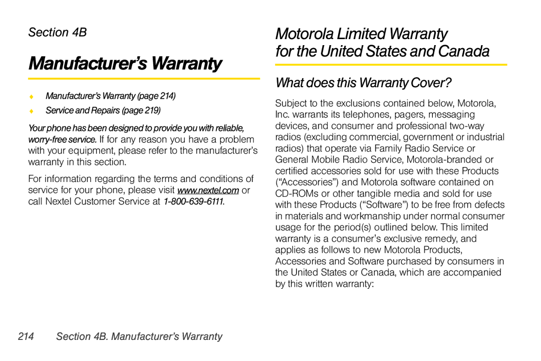 Nextel comm i365 manual Motorola Limited Warranty For the United States and Canada, What does this Warranty Cover? 